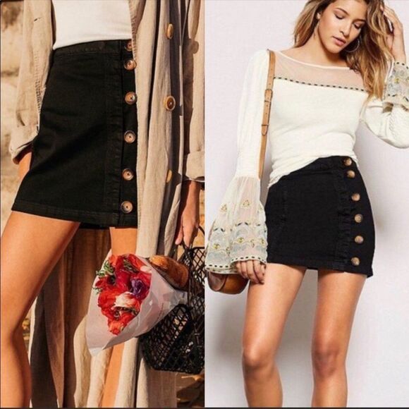 FREE PEOPLE | Little Daisies Black Mini Skirt Button Down Detail Women’s Size 4 - Picture 9 of 9